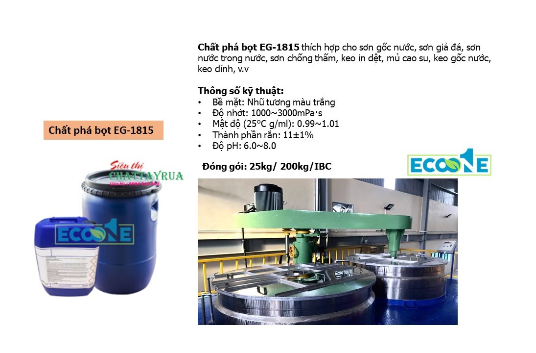 Chất phá bọt EG-1815 có thể duy trì hiệu quả khử bọt tốt ở nồng độ thấp hơn, đặc biệt thích hợp cho các hệ thống khử bọt đòi hỏi khả năng tương thích cao Giá từ 59,200-88,800 VNDKG