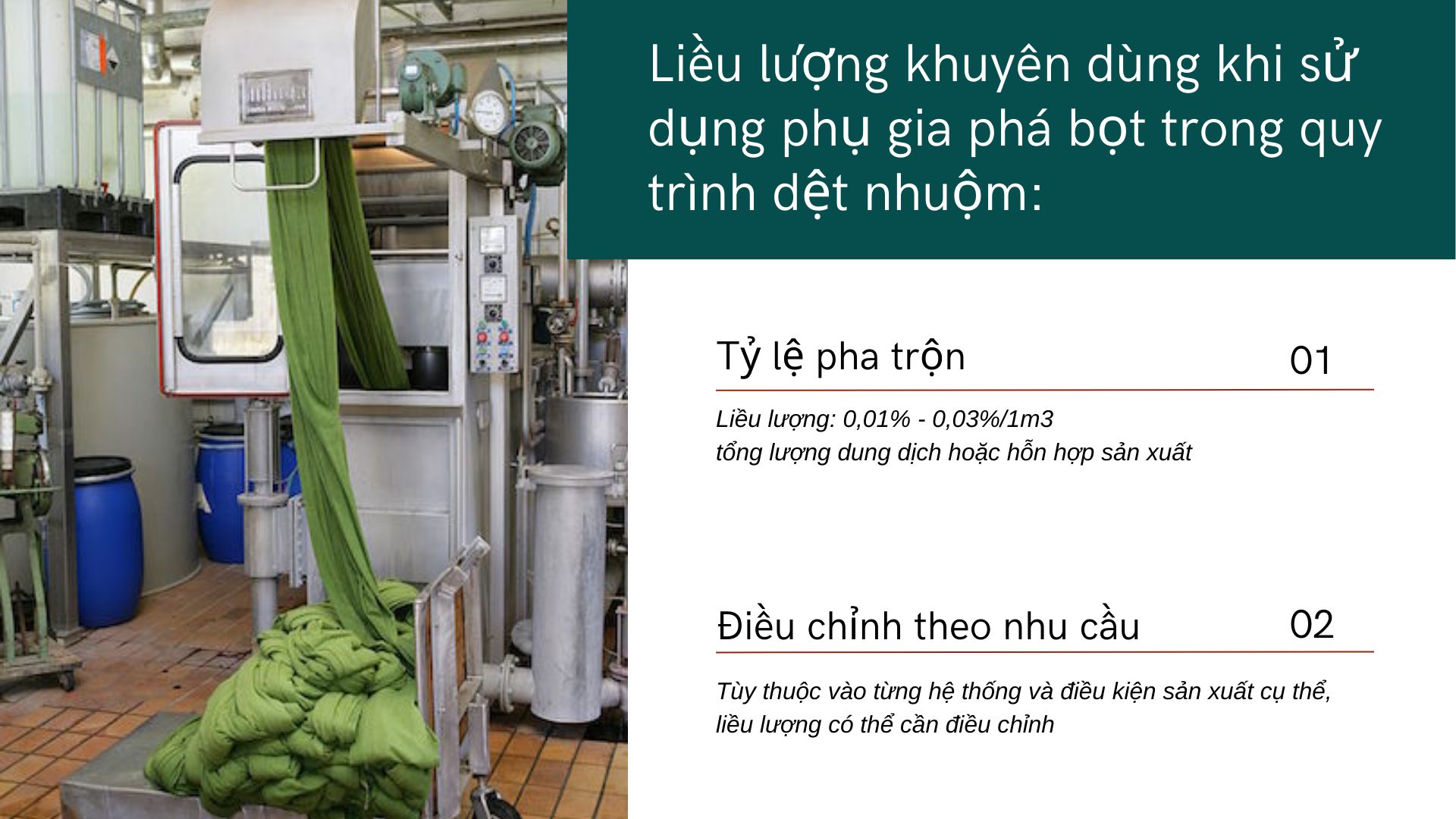 Liều lượng khuyên dùng khi sử dụng phụ gia phá bọt trong quy trình dệt nhuộm